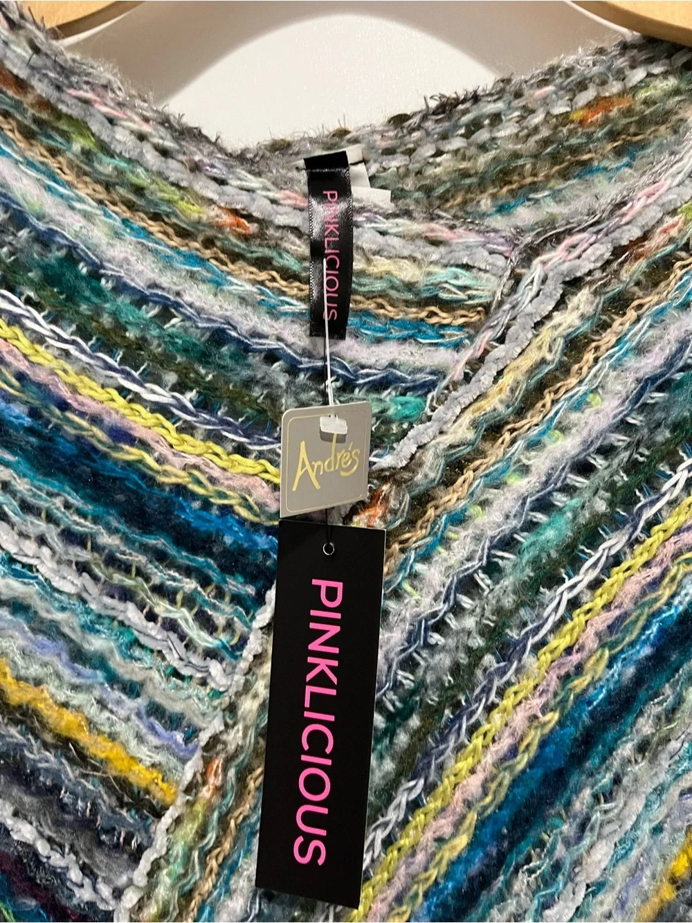 Multicolor Knit Fringe Poncho - Teal, Gray & Yellow